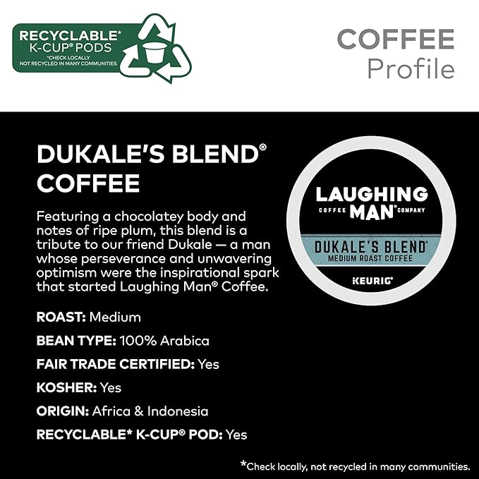 Laughing Man Dukale's Blend Keurig Recyclable K-Cup Coffee Pods Medium Roast Arabica Coffee for Keurig Makers 88 Count (4 Packs of 22)