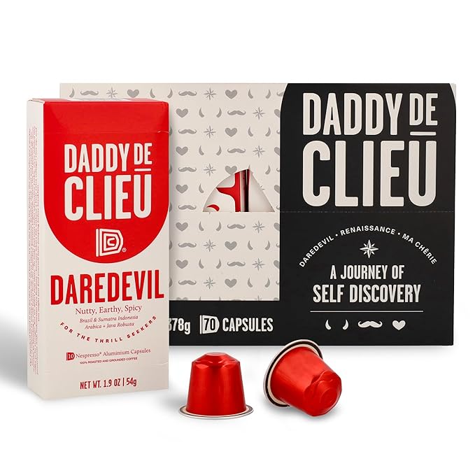 Daddy De Clieu Daredevil Coffee Pods (Bold Dark Roast Arabica and Robusta Blend) Compatible with Nespresso Original Line Machines Recyclable Aluminum Capsules 70 Count