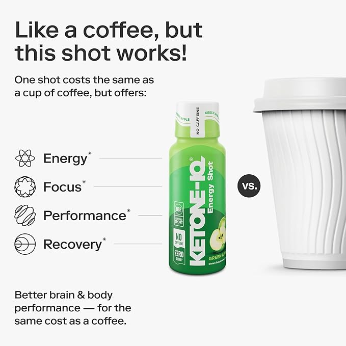 Ketone-IQ No Caffeine Exogenous Ketones Energy Shots - 24 Pack of Caffeine Free Energy Drinks with 10g Ketones - Sugar Free Salt Free and All Natural (Green Apple)