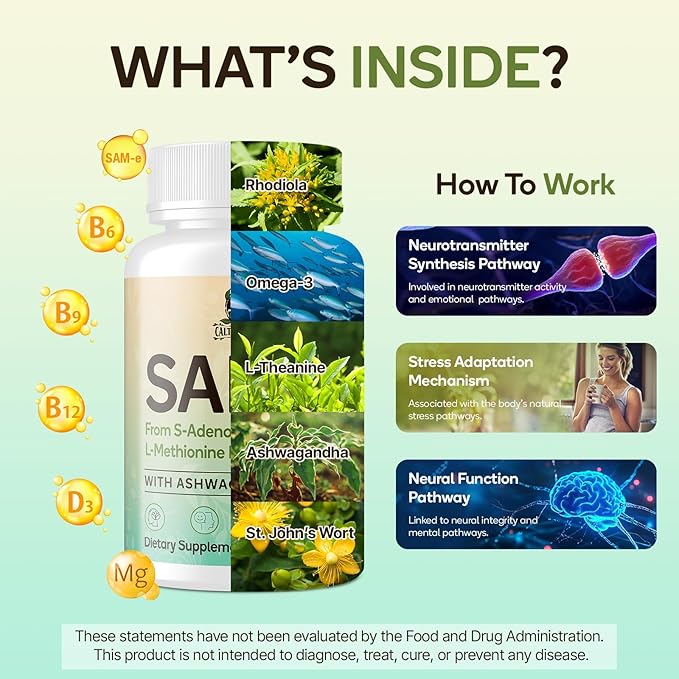 SAM-e Supplement – Capsule Complex with Ashwagandha Extract L-Theanine Rhodiola St. John’s Wort Omega-3 Fatty Acids Magnesium B Vitamins &amp D3 60 Capsules