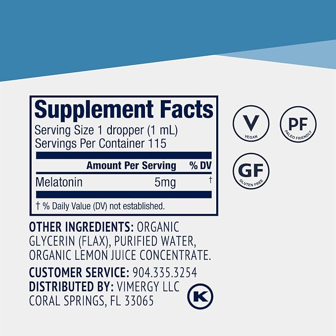 Vimergy Restful You* Liquid Melatonin - Fast-Absorbing Support for Restorative Sleep. Customizable Serving Size. Kosher Vegan Paleo-Friendly Non-GMO. Serving Size: Adults 1mL Kids 0.2mL.*