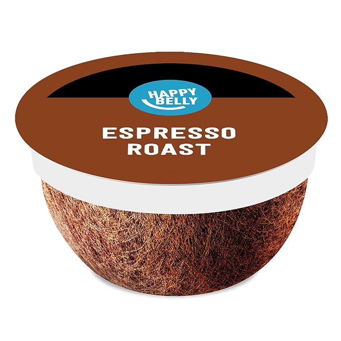 Amazon Brand - Happy Belly Espresso Roast Compostable Coffee Pods (Dark Roast) Compatible with K-Cup Brewer 96 Count