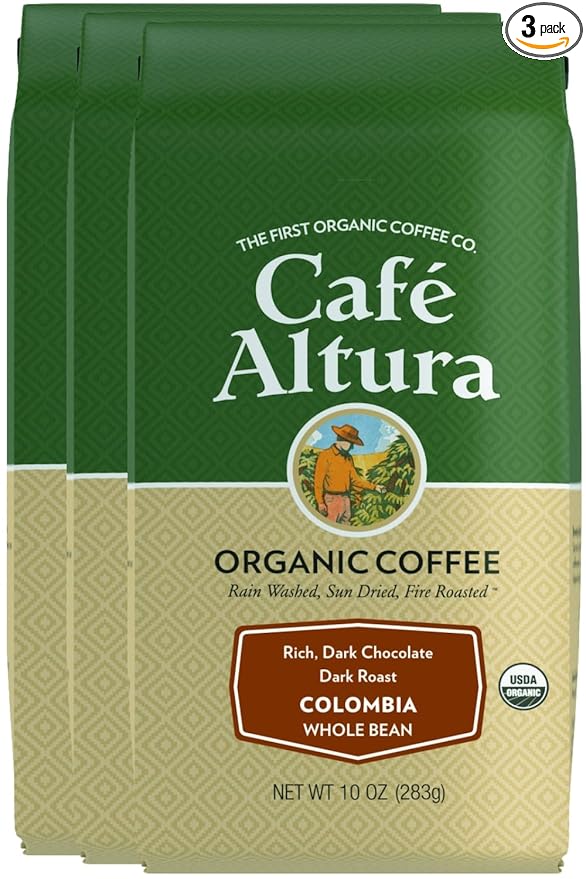 Café Altura Colombia Dark Roast Organic Whole Bean Coffee 10 oz Bag (Pack of 3)