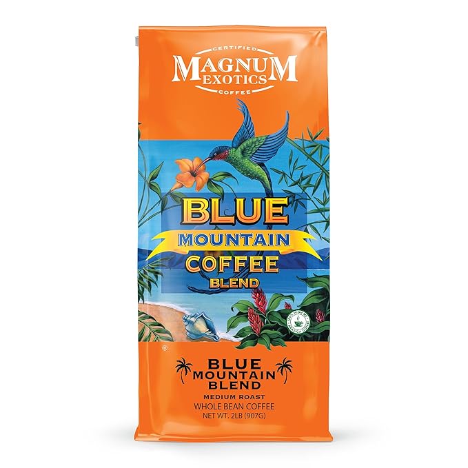 Magnum Exotics Coffee Blue Mountain Blend - Medium-Light Roast Whole Bean Made from 100% Arabica Beans Rich &amp Smooth Flavor Fresh Roast - Blue Mountain Blend 2 Lb Bag (32 oz)