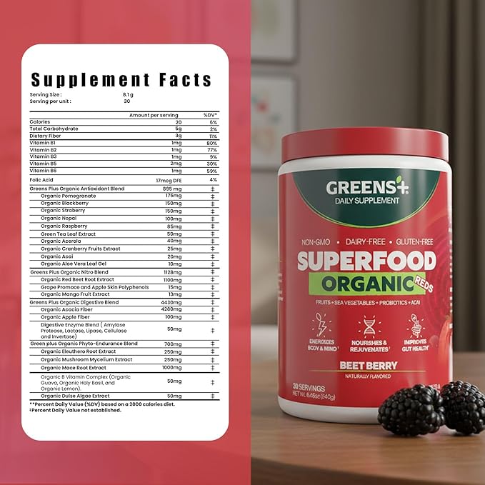 Greens+ Organic Reds Superfood Powder Antioxidant Polyphenol Blend for Morning Kick Energy Vitality Boost Nutrition Vibrant Health Vegan Soy/Dairy/Gluten Free(8.46oz)