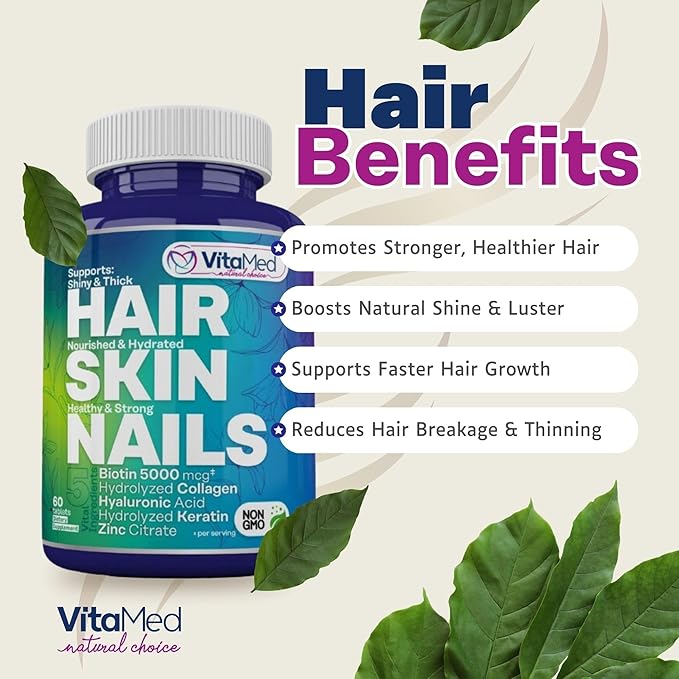 VitaMed Hair Skin &amp Nails – Biotin 5000 mcg Collagen OptiMSM Keratin Hyaluronic Acid &amp Silica | Supports Hair Growth Radiant Skin Strong Nails | Halal Non-GMO Gluten-Free – 180 Beauty