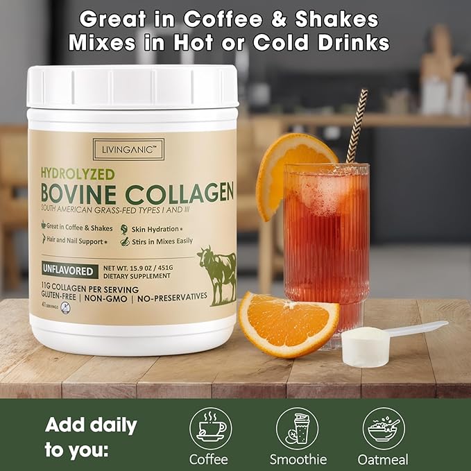 Collagen Peptides Powder Unflavored 15.9oz Hydrolyzed Bovine Collagen 41 Servings Types I &amp III Grass-Fed Pasture-Raised Protein Zero Sugar Supplement