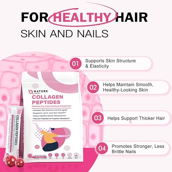 NATURE TARGET Multi Collagen Peptides Powder - Type I II III V X - Enhanced Absorption Hydrolyzed Collagen Peptides with Prebiotics Sugar-Free Skin Hair Nail &amp Joint Support Non-GMO