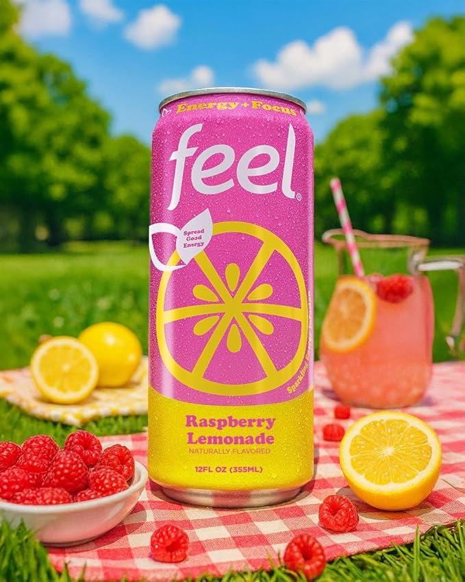 FEEL Zero Sugar Natural Energy Drink – Raspberry Lemonade 140mg Plant-Based Caffeine with L-Theanine for Focus Vitamin C for Immunity Vegan Non-GMO No Artificial Sweeteners 12 Fl Oz Cans (12-Pac
