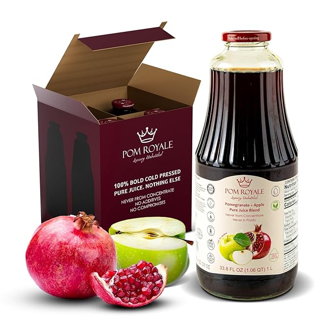 Pure Pomegranate &amp Apple Juice 33.8oz Glass Bottle (Pack of 4) Cold Pressed Juice Not from Concentrate Non-GMO No Sugar Added Gluten Free Kosher Certified Preservative Free