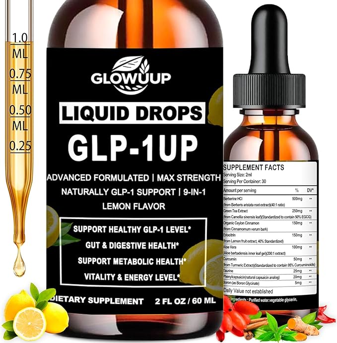 GLP-1 Supplement for Women &amp Men 9-in-1 Naturally GLP-1 Support w. Berberine HCI Cyelon Cinnamon Green Tea Eriocitrin GLP1 for Gut Digestion Metabolic GLP-1 Drops 6X Stronger Than Capsules