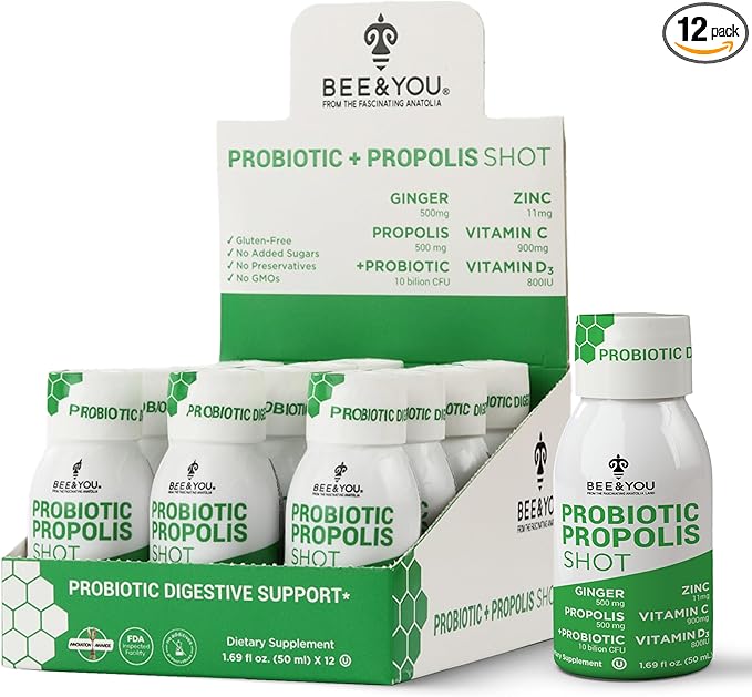 Bee and You Propolis Immune Shot Probiotic Vitamin C Vitamin D3 Zinc Ginger Immune Support Gut Health Digestive Health Bioactive 1.69 Fl. oz 12 Pack
