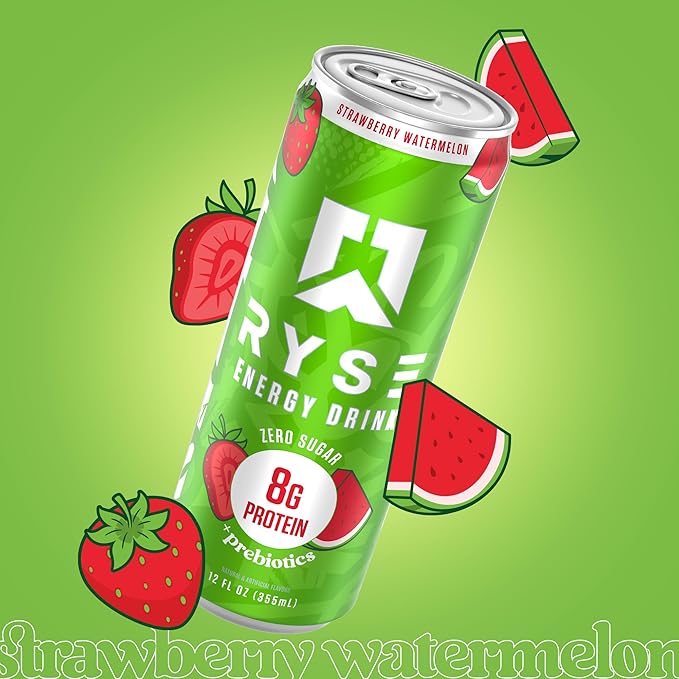 RYSE Functional Energy Drink - Strawberry Watermelon - 150mg Natural Caffeine 8g Whey Protein &amp 1g Prebiotics - Sugar Free Gut-Friendly Bloat-Free - 12 fl oz Cans (12-Pack)
