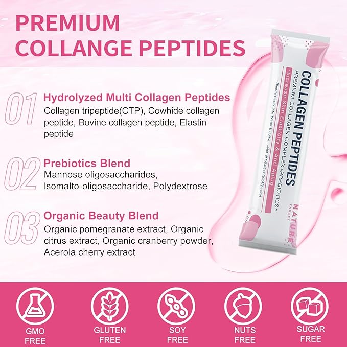 NATURE TARGET Multi Collagen Peptides Powder - Type I II III V X - Enhanced Absorption Hydrolyzed Collagen Peptides with Prebiotics Sugar-Free Skin Hair Nail &amp Joint Support Non-GMO