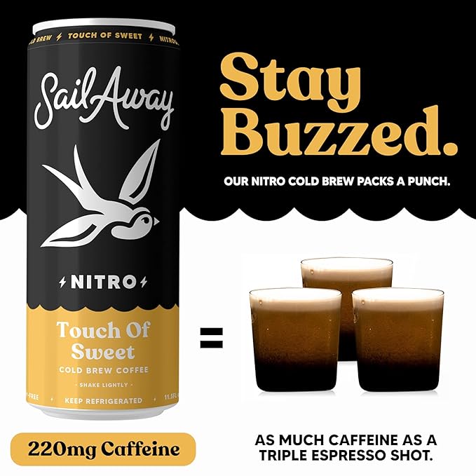Sail Away Coffee Co. Sail Away Coffee Nitro Cold Brew Coffee Cans - Less Acidic Coffee Beverages | Draft Nitrogen Pour 220mg Caffeine Gluten Free Organic Keto Touch of Sweet 6 Pack
