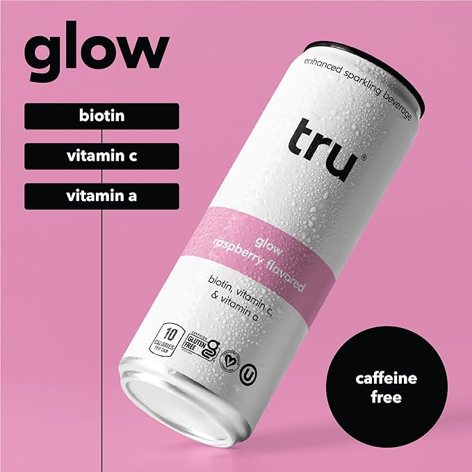 Tru Glow Seltzer Sparkling Water with Biotin Vitamin C Vitamin A &amp Real Raspberry Juice Sweetened with Monk Fruit &amp Stevia Gluten Free Vegan Caffeine &amp Sugar Free 12 FL OZ Cans 12
