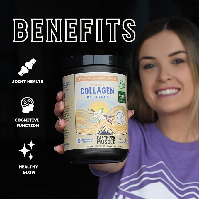 Earth Fed Muscle Grass Fed Collagen Peptides Powder Vanilla - Hydrolyzed Multi Collagen Types I and III for Hair Skin Nails Joints - Keto Paleo Protein Supplement for Women&ampMen (21 Servings Vanil