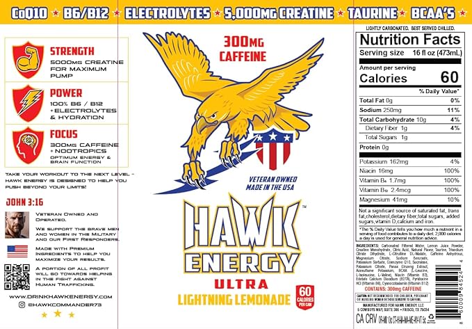 HAWK ENERGY ULTRA - Premium Sugar Free Energy Drink - 12 Pack - LIGHTNING LEMONADE - Focus and Power - 5000mg Creatine 300mg Caffeine BCAA's B6/B12 Taurine and L-Carnitine 100% Veteran Owned and