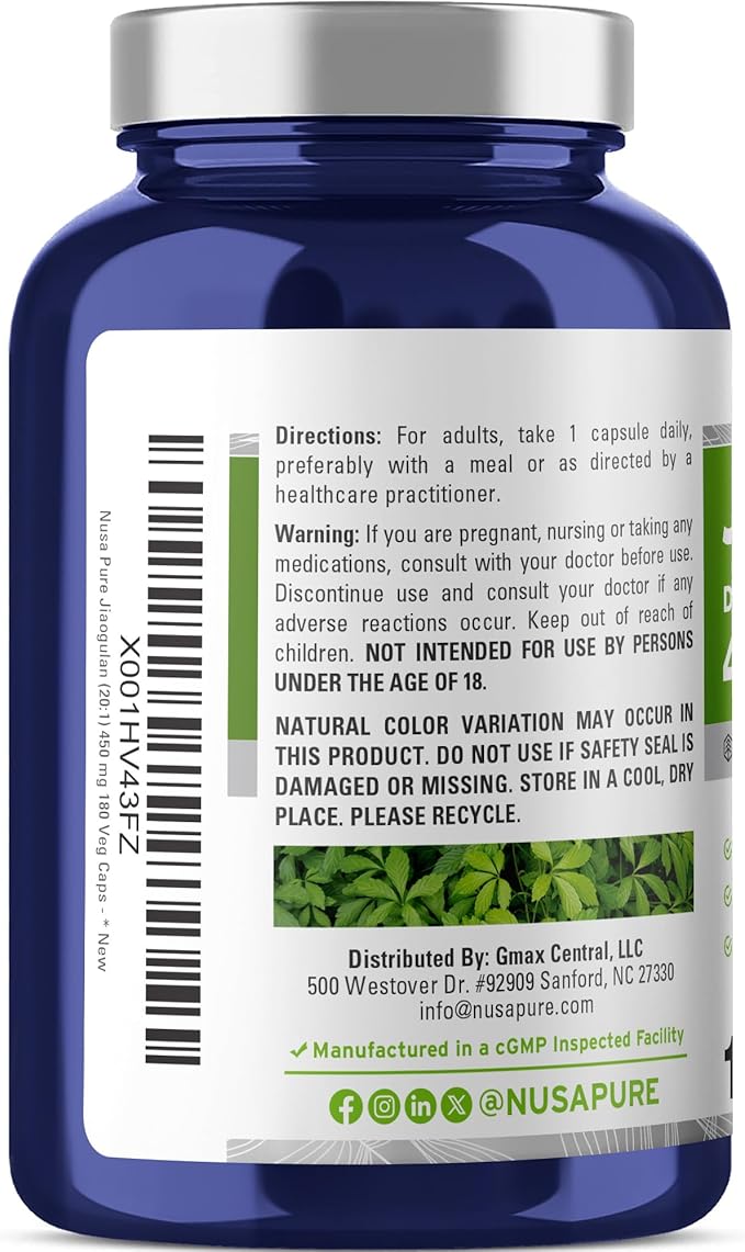NusaPure Jiaogulan Capsules 450 mg 180 Veg Capsules (Non-GMO Vegan)