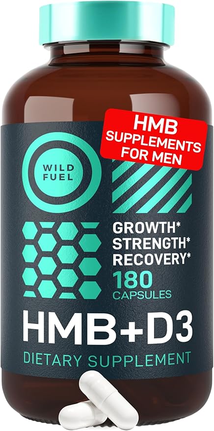 WILD FUEL 3000mg HMB Supplement Plus Vitamin D3 - Muscle Growth Strength Fast Workout Recovery HMB Supplements for Men and Women - Calcium Beta-Hydroxy Beta-Methylbutyrate - 180 Capsules
