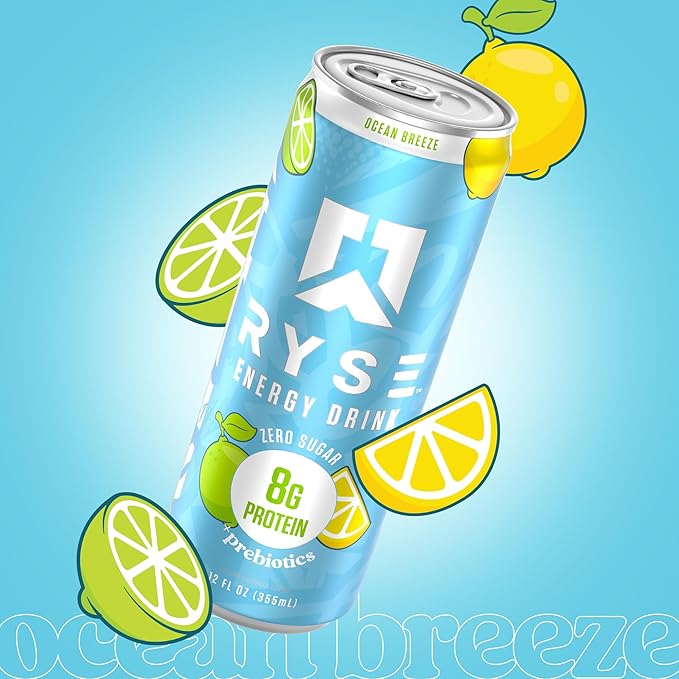 RYSE Functional Energy Drink - Ocean Breeze - 150mg Natural Caffeine 8g Whey Protein &amp 1g Prebiotics - Sugar Free Gut-Friendly Bloat-Free - 12 fl oz Cans (12-Pack)