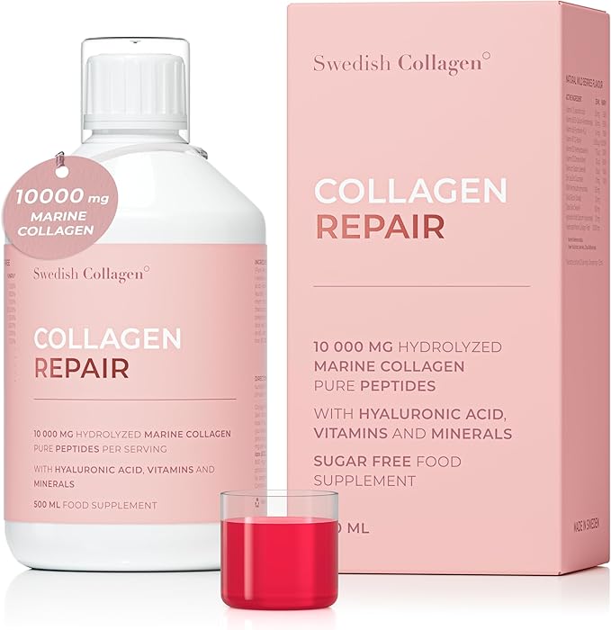 Swedish Collagen Repair | 10000 mg Hydrolyzed Marine Collagen Liquid Supplement - 500 ml 20 Day Supply I Hyaluronic Acid Biotin &amp Vitamin C for Healthy Hair Skin Nails &amp Joints | Sugar-Fr