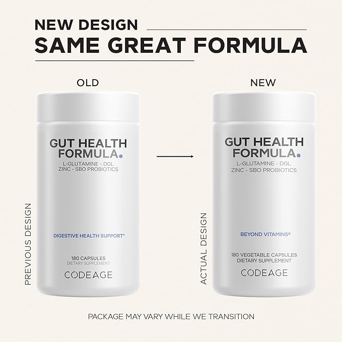 Codeage Gut Health Supplements Vegan Formula - L Glutamine Zinc Turkey Tail Mushroom Powder Tonic Mushroom Maitake Micro Algae Mineral Licorice Root DGL - Probiotics Prebiotics - 180 Capsules