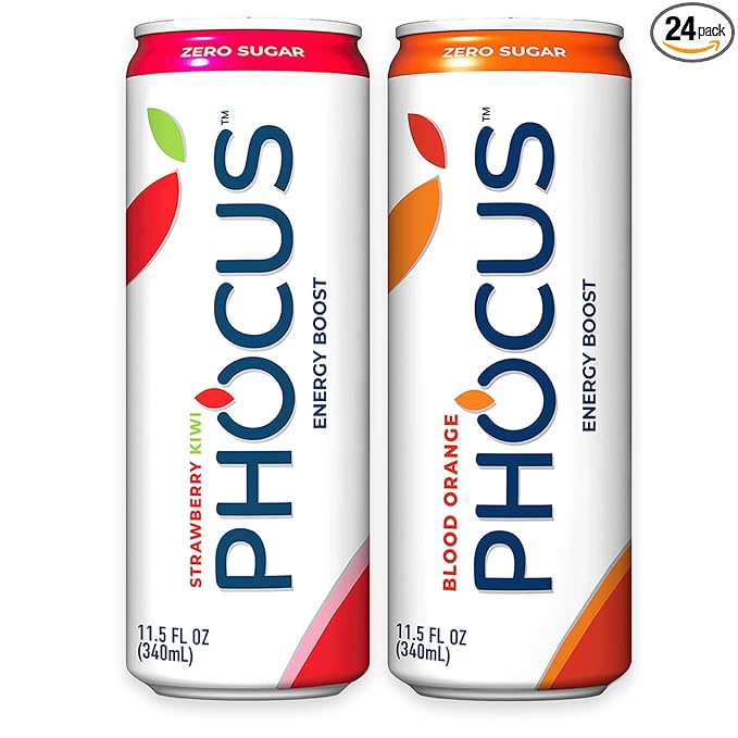 Phocus Energy Boost Blood Orange &amp Strawberry Kiwi Bundle | 11.5 Fl oz (Pack of 24) | No Sugar | 75mg Caffeine + L-Theanine | 0 Calories