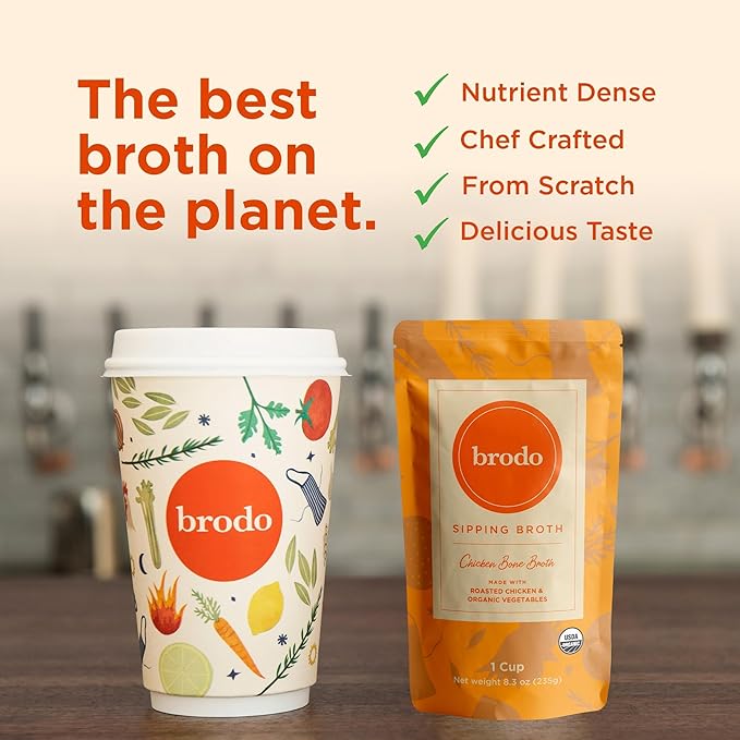 Brodo Organic Chicken Bone Broth Protein-Rich Bone Broth with Collagen Nourishing Chicken Broth Low Sodium for Sipping and Cooking Slow-Simmered for Deep Flavor (4x 25 oz. Pouches)