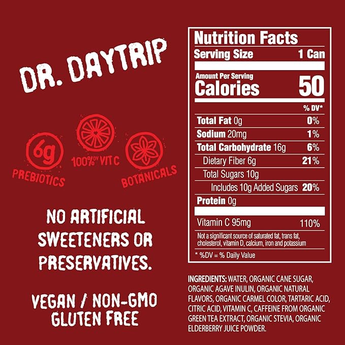 Daytrip Organic Sparkling Prebiotic Soda Low Sugar Soda and Low Calorie Healthy Soda Alternative Prebiotic Drink for Gut Health Drink and Digestion Refreshing Functional Beverage with Plant-Based F