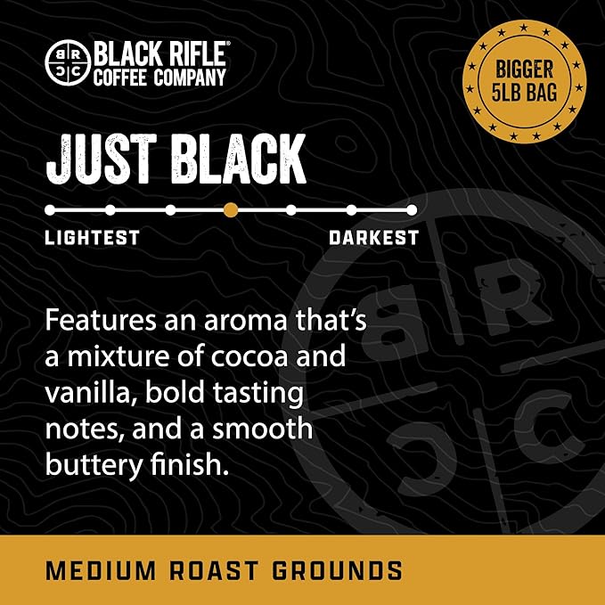 Black Rifle Coffee Company Just Black 5 lb Bag Ground Coffee Medium Roast - Roasted Blend Made from Arabica Beans - Colombian &amp Brazilian Beans - Veteran Founded &amp American Made