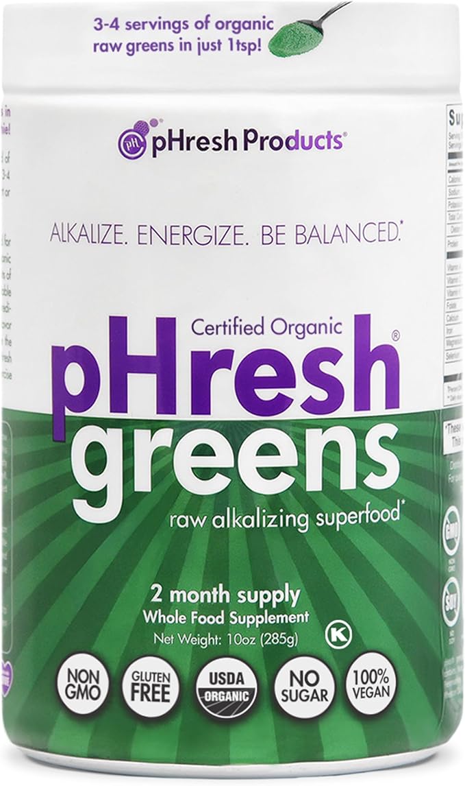 pHresh - Greens Raw Alkalizing Superfood Greens Powder - 2 Month Supply - Vegan Kosher Gluten Free - Natural Enzymes Nutrients - Approved for Intermittent Fasting - 10 oz