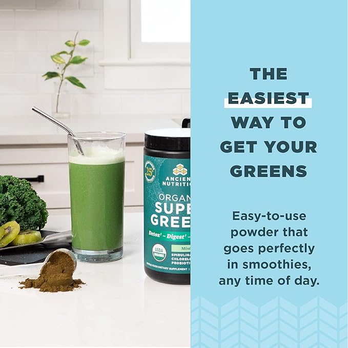 Ancient Nutrition SuperGreens Powder with Probiotics Organic Peppermint Flavor Greens Made from Real Fruits Vegetables and Herbs for Digestive and Energy Support 25 Servings 7.23oz
