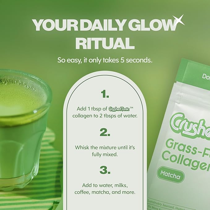 Crushed Tonic Bovine Collagen Powder Korean Beauty Drink with Hydrolyzed Collagen Peptides for Skin Hair &amp Nails | Gluten-Free Halal &amp Kosher (Matcha 30 Servings (150 g) Pouch)