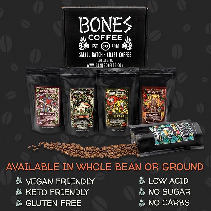 Bones Coffee Company NEW World Tour Bundle with Specialty Mug and Favorite Flavors Sample Pack | Ground Coffee Beans Bundle