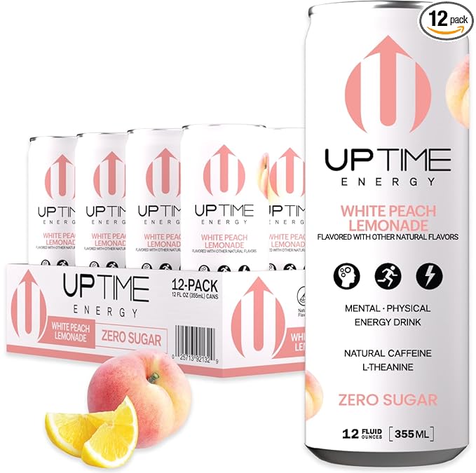 UPTIME Energy Drink White Peach Lemonade Sparkling 12 Pack Vitamin C L Theanine Calcium Sugar Free Energy Drinks for Focus Support 142mg of Natural Caffeine 5 Calories Clean 12 fl oz Cans