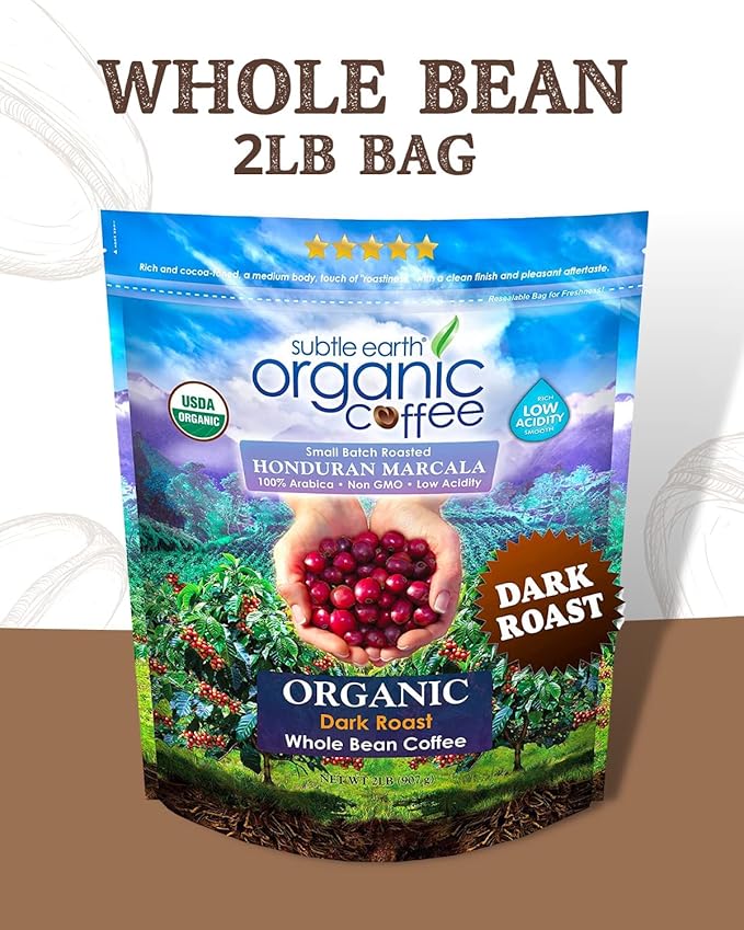 2LB Subtle Earth Organic Coffee - Dark Roast - Whole Bean Coffee - 100% Arabica Beans - Low Acidity and Non-GMO - 2lb bag
