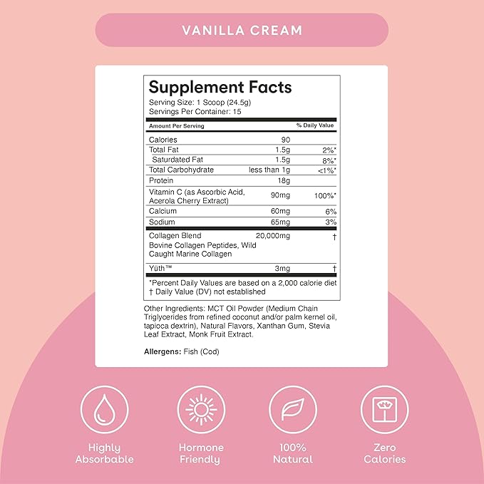 MIXHERS Collagen Powder | 30-Day Supply | Blend with Marine Collagen Protein Powder Vitamin C &amp Peptides | Skin Hair &amp Nail Support for Women | Vanilla Cream Flavor