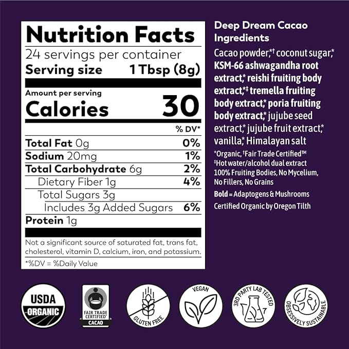 Rasa Deep Dream Cacao – Adaptogenic Mushroom Sleep Blend | Vegan Gluten Free with Reishi + Ashwagandha + Jujube (6.77 oz. / 24 Servings)