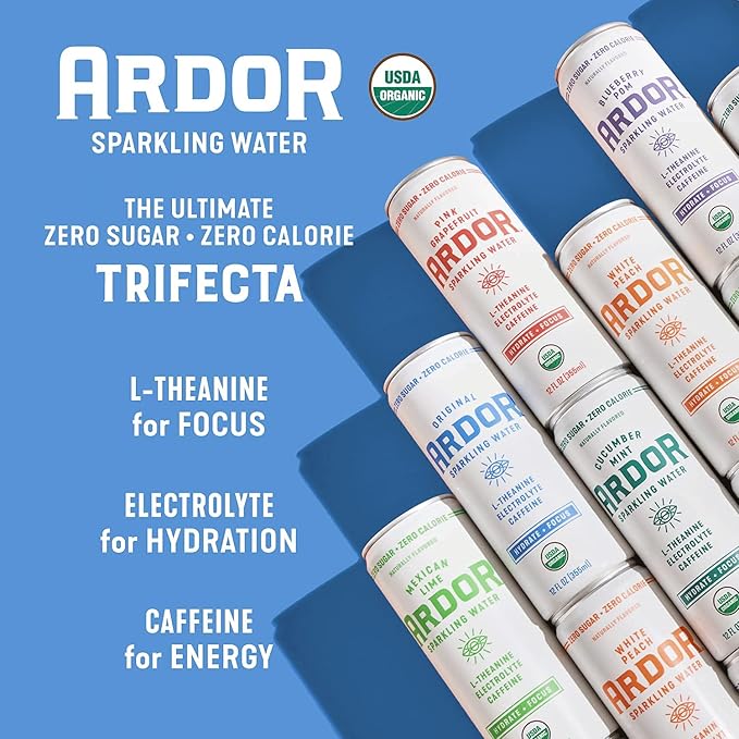 Ardor Organic Sparkling Water Variety Pack 12 oz can (12 pack) 6 flavor variety - Mexican Lime/Pink Grapefruit/White Peach/Blueberry Pom/Cucumber Mint/Original