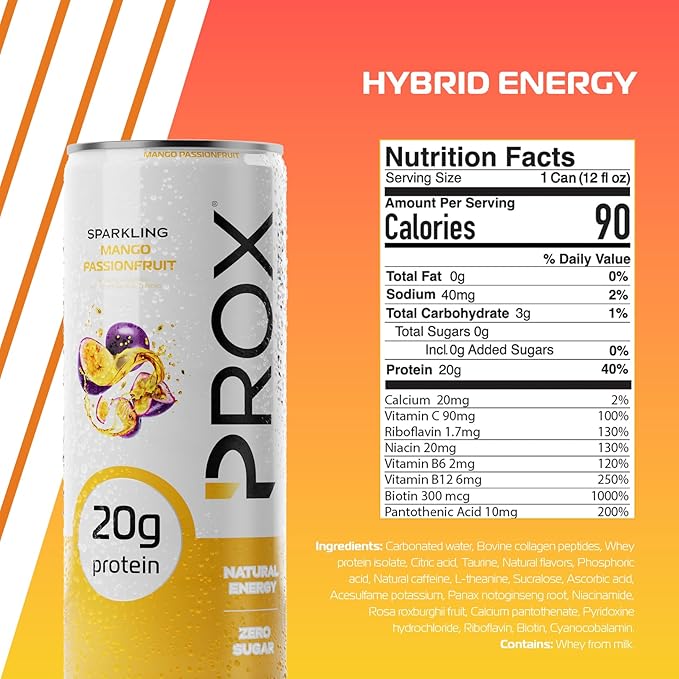 PROX Hybrid Energy Drink with 20g Protein Zero Sugar 200mg Natural Caffeine 90 Calories 12 Pack (Mango Passionfruit)