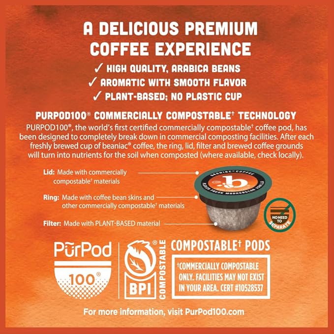 beaniac Sweet n' Saucy Caramel Flavored Light Roast Single Serve Compostable K Cup Coffee Pods Organic Arabica Coffee with Natural Flavors Keurig Brewer Compatible 30 Count