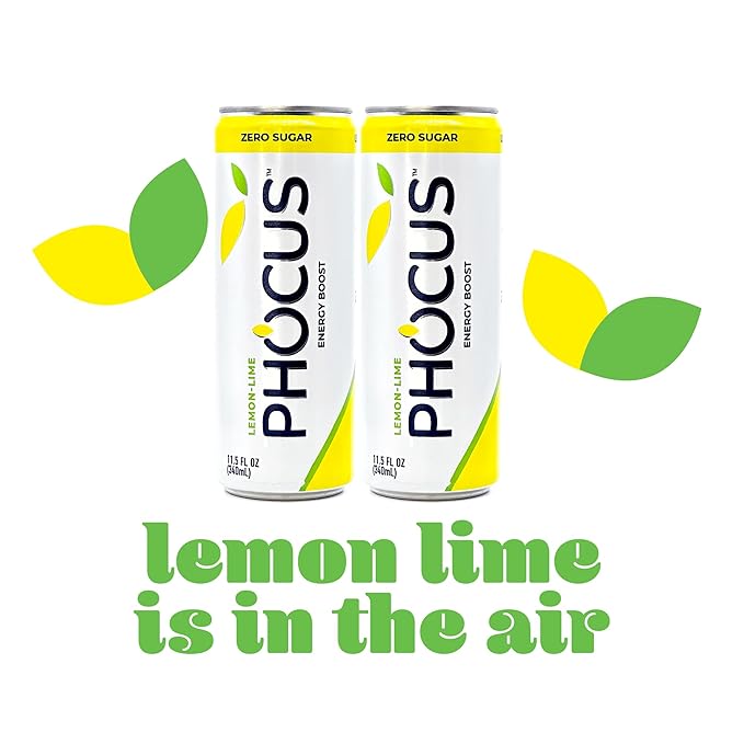 PHOCUS Caffeinated Sparkling Water Lemon Lime 75mg Natural Caffeine Plus L-Theanine Zero Sugar Zero Calories No Artificial Sweeteners 11.5 fl oz Cans (Pack of 12)