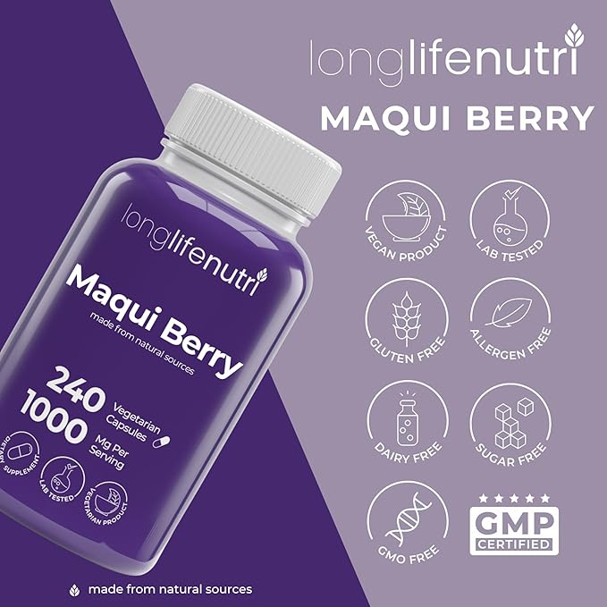 LongLifeNutri Maqui Berry 1000 mg – 240 Veg Caps (4-Month Supply) Organic Antioxidant Superfruit Vegan Non-GMO GMP-Made in USA