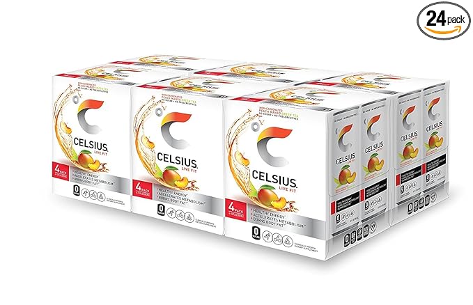 CELSIUS Peach Mango Green Tea Functional Essential Energy Drink 12 Fl Oz 4 count (Pack of 6)