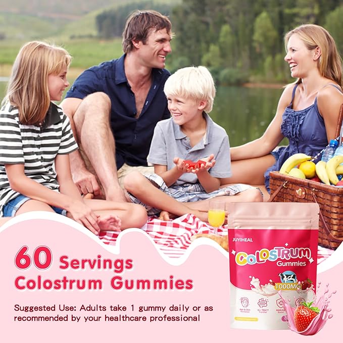 Colostrum Gummies 1g Per Seving Grass Fed Colostrum Chews Colostrum Supplement for Gut Health Hair Growth Beauty and Immune Support Strawberry Flavor 60 Servings