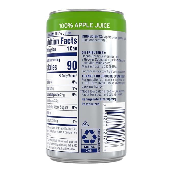Ocean Spray 100% Apple Juice 7.2 oz Cans (Pack of 24)