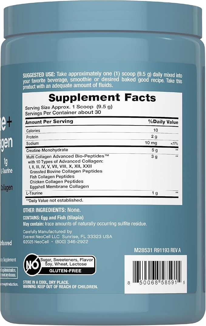 NeoCell Creatine Monohydrate Powder | 30 Servings | with Multi Collagen Peptides | Unflavored | for Women and Men