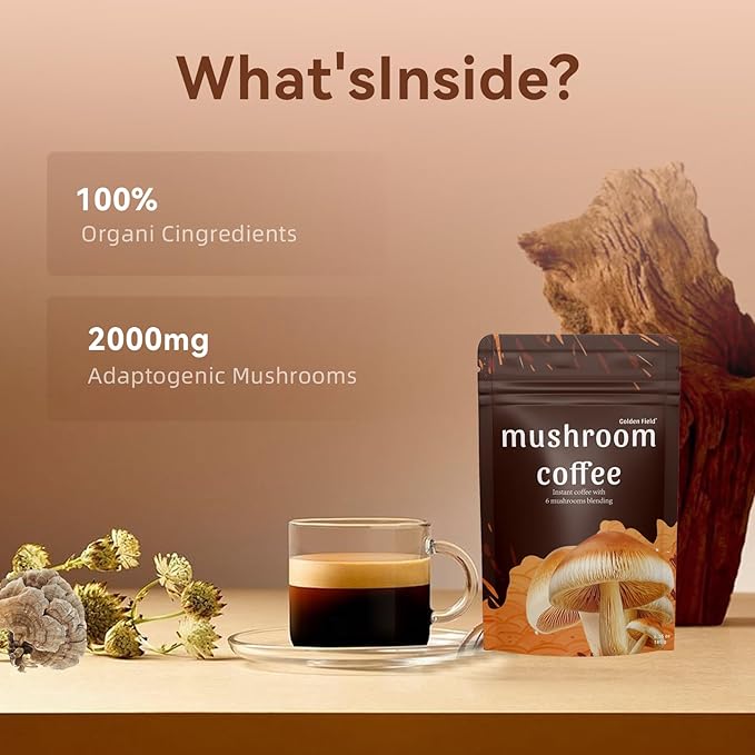 Mushroom Coffee 6 Adaptogenic Mushrooms USDA Organic Instant Coffee MCT Oil USA Grown Better Energy Focus Digestion Immunity Cordyceps Lion’s Mane Turkey Tail 30 servings (6.35 Oz / 180g)