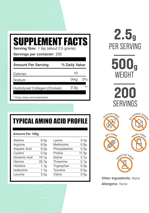 BulkSupplements.com Chicken Collagen Powder - Hydrolyzed Collagen Supplement for Hair Skin &amp Nails - Unflavored &amp Gluten Free 2.5g per Serving 500g (1.1 lbs) (Pack of 1)